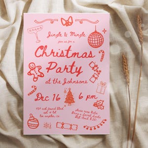 modello di invito per la festa di Natale rosa e rosso disegnato a mano, invito di Natale retrò stampabile, invito di Natale scarabocchiato, lettera di festa scarabocchiata