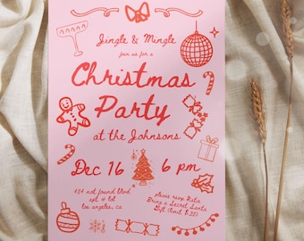 Hand Drawn Christmas Party Invitation: Retro Doodle Design (Editable Canva Template)