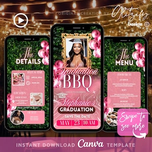 May include: A pink and gold graduation party invitation with a photo of a graduate in a cap and gown. The invitation includes the text "Graduation BBQ", "Stephanie's Graduation", and "Save the Date: May 23, 10 AM".