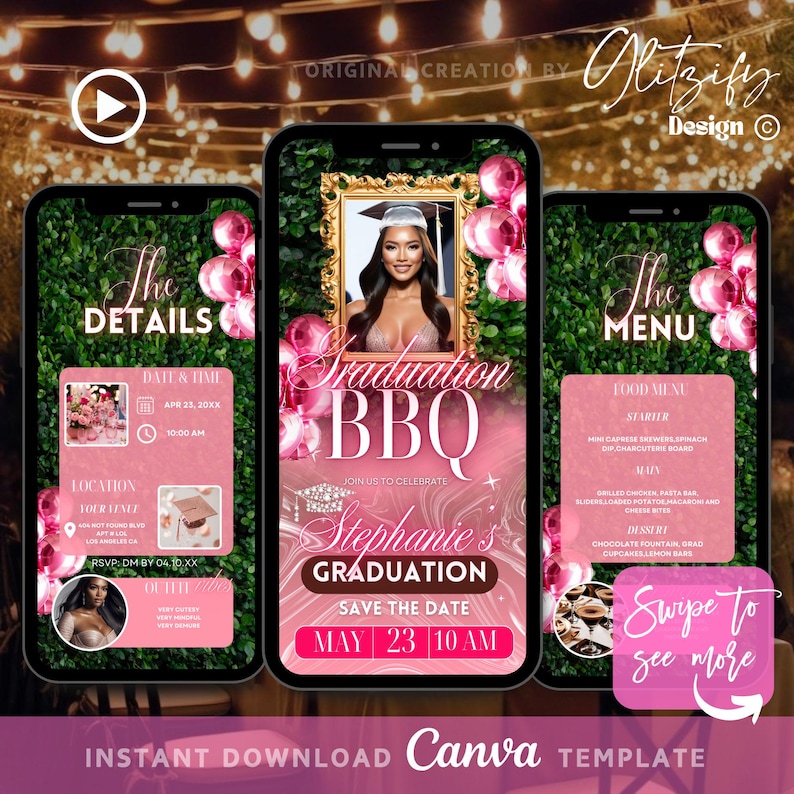 May include: A pink and gold graduation party invitation with a photo of a graduate in a cap and gown. The invitation includes the text "Graduation BBQ", "Stephanie's Graduation", and "Save the Date: May 23, 10 AM".