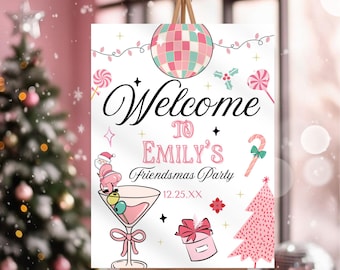 Pink Christmas Friendsmas Welcome Sign: Groovy Santa Party Decor (Digital Download)