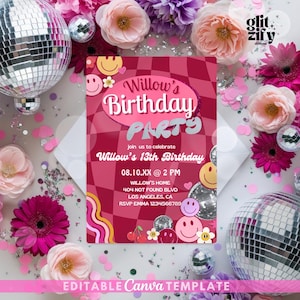 Invitación de fiesta de cumpleaños genial, invitación de cumpleaños retro genial para niños, invitación de fiesta de tendencia, burdeos, Let's Disco, invitación Let's Party Y2K