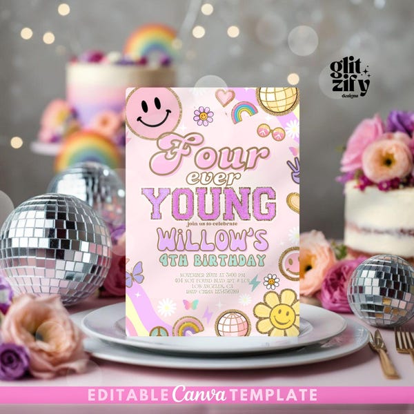 Inbjudan till 4-årsdag: Preppy Y2K Disco Party (digital nedladdning)