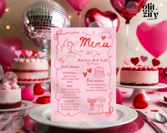 Hand Drawn Galentines Dinner Menu Template: Printable Party Decoration (Canva)