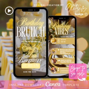 May include: A digital invitation for a birthday brunch. The invitation features a yellow and gold color scheme with a photo of a table setting. The text on the invitation reads "Birthday Brunch", "Join us to celebrate Emily's 26th Birthday", "Sat 7.8.XX 1:00 PM", and "Save the Date".