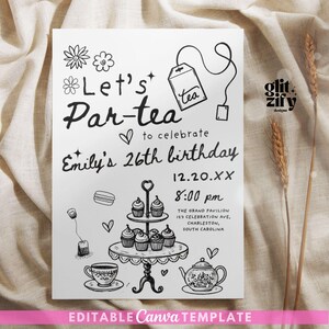 handgetekende uitnodiging theekransje, krabbelillustratie verjaardag theekransje, high tea grillige uitnodiging, handgeschreven uitnodiging theekransje, part-tea