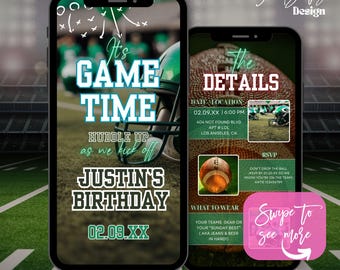 Puede incluir: Una invitación digital para una fiesta de cumpleaños con temática de fútbol americano. La invitación presenta un esquema de color verde y azul con un gráfico de fútbol y el texto "Es hora de jugar" y "El cumpleaños de Justin". La invitación también incluye detalles sobre la fiesta, como la fecha, la hora y la ubicación.
