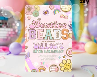 Uitnodiging voor feest van besties en kralen, bewerkbare ambachtelijke verjaardagsfeestje uitnodiging, digitale roze kunst feest kinderen uitnodigen, uitnodiging kunst feest, ambachtelijke verjaardag