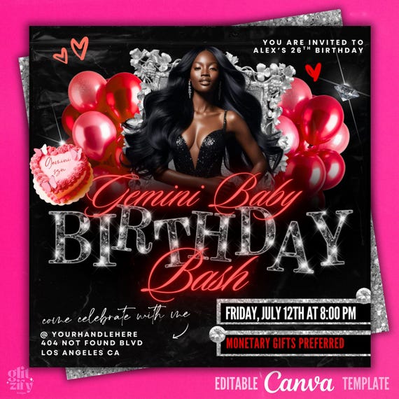 Red Gemini Birthday Bash Flyer: Editable Canva Template (Instant Download)