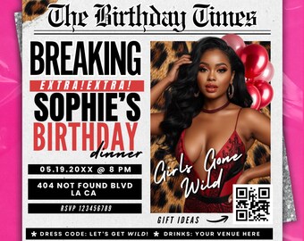 Red Leopard Newspaper Birthday Invitation,Digital Birthday Flyer,Glam Party Evite,Editable Social Media Flyer Template,Modern Party Invite