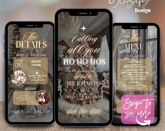 May include: Three phone screen mockups for a Christmas party invitation. The left screen shows the details of the party, including the date, time, and location. The middle screen is a save the date card with a Christmas tree and the text "Calling all you HO HO HOS". The right screen shows the menu for the party, with the text "The Menu" and a list of appetizers, main course, and dessert options.