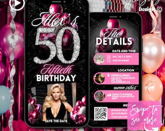 May include: A pink and black digital invitation for a 50th birthday party. The invitation features a large number 50 with rhinestones, a photo of a woman, and the text "Alex's 50th Birthday". The invitation also includes details about the party, such as the date, time, location, and dress code.
