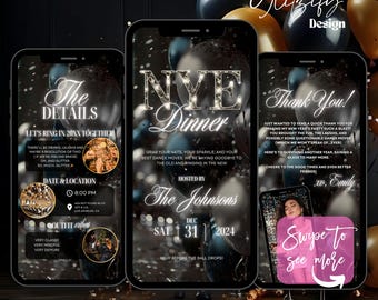 Animierte NYE Dinner-Einladung: Bearbeitbare Silvesterparty einladen (Digitaler Download)