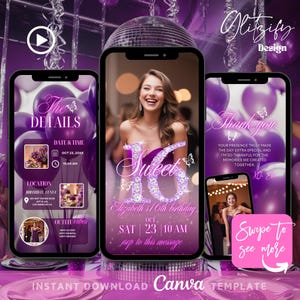 Purple Sweet Sixteen Invitation,16th Birthday Digital Birthday Invitation,Animated Invite,Birthday Party Invite,Sweet 16 Digital Invite
