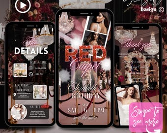 Puede incluir: Una invitación a una fiesta de cumpleaños con temática de alfombra roja con una alfombra roja, una cuerda dorada y una boa de plumas blancas. La invitación dice "Step onto the Red Carpet to celebrate Elizabeth's Birthday" e incluye la fecha y la hora de la fiesta. La invitación también incluye un mensaje de agradecimiento por asistir a la fiesta.