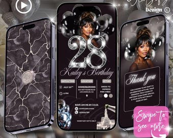 May include: A digital invitation template for a 28th birthday, featuring a photo of a woman, black and silver balloons, and event details. The design includes the text "Kailey's Birthday" and "Instant Download Canva Template."