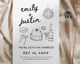 Invitación de boda dibujada a mano: Diseño de garabatos originales (editable en Canva)