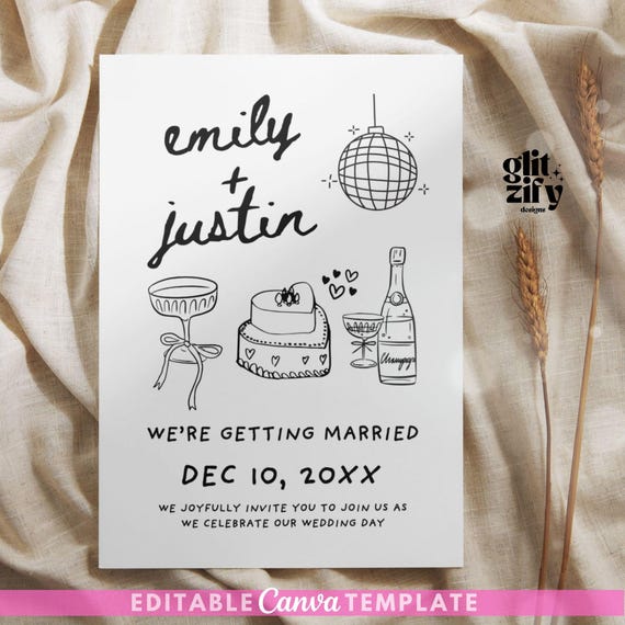 Hand-Drawn Wedding Invitation: Whimsical Scribble Design (Editable in Canva)
