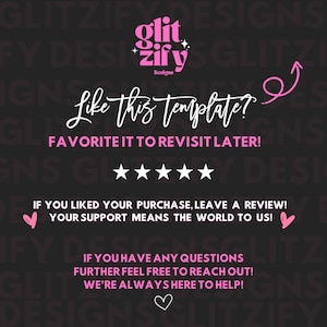 May include: A dark background with pink text reading "glitzify designs". White script says "Like this template? Favorite it to revisit later!". Five white stars and other text are also visible.
