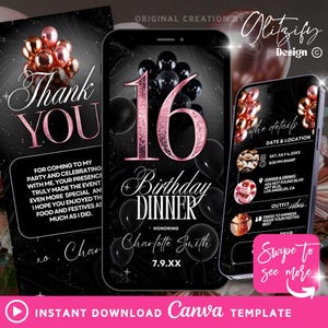Luxury 16th birthday invitation,canva template,rose gold birthday party invite,glam digital save the date,editable flyer,dinner invitation