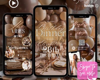 Mocha Brown Birthday Dinner Animated Invitation: Editable Canva Template (Digital Download)