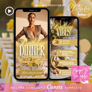 Bewerkbare botergele verjaardagsuitnodiging diner, botergele brunch feestuitnodiging, digitale uitnodiging, glamour gele meisjes avondje uit uitnodigen