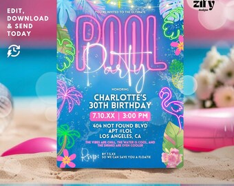 Pool party invitation,Pink neon pool party birthday invitation,glow pool party birthday invite, swimming party template adult pool party