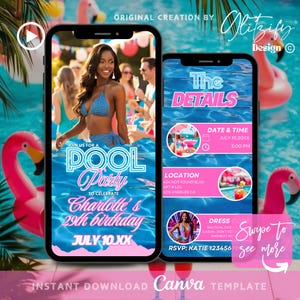 Könnte beinhalten: Eine digitale Einladung zu einer Poolparty zur Feier eines 29. Geburtstages. Die Einladung zeigt ein Foto einer Frau im Badeanzug, einen Pool mit einem aufblasbaren rosa Flamingo und den Text "Schließen Sie sich uns zu einer Poolparty an, um den 29. Geburtstag von Charlotte zu feiern, am 10. Juli 20XX". Die Einladung enthält auch Details zu Datum, Uhrzeit, Ort, Kleiderordnung und RSVP-Informationen.