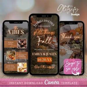 May include: A digital invitation for a fall harvest party. The invitation is designed to look like a phone screen and features a rustic background with autumnal colours. The text on the invitation reads "Let's Get Together and Celebrate All Things Fall." The invitation also includes the date and time of the party, the names of the hosts, and a message to "Swipe to see more."