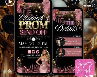 May include: A black and pink digital invitation for a prom send-off party. The invitation features a gold glitter design with the text "Elizabeth's Prom Send Off" and "The Details". The details include the date, time, location, attire, and vibes. The invitation also includes a social media handle and a call to action to swipe to see more.
