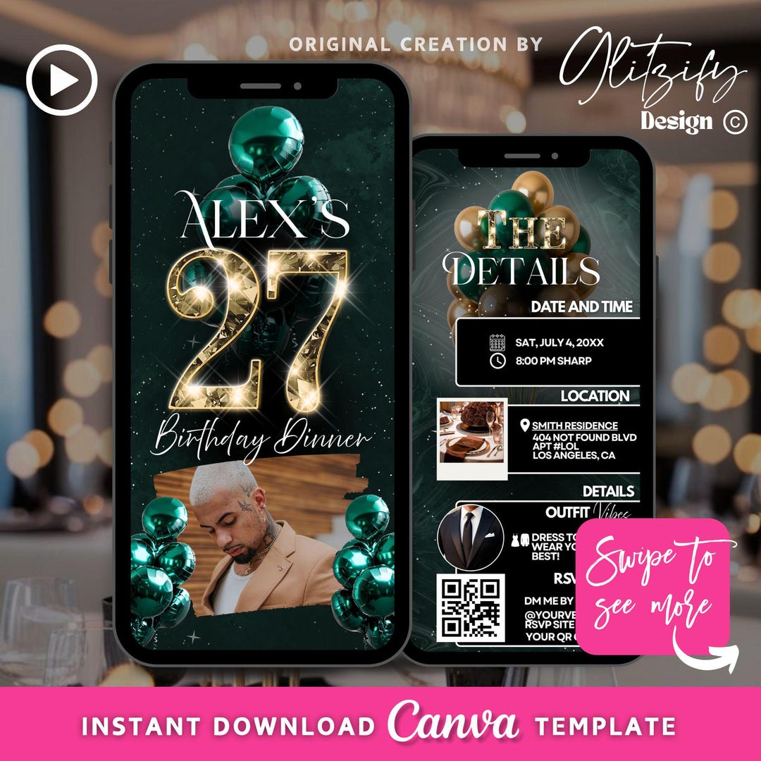 Emerald Green Gold 27th Birthday Animated Invitation (digital Download ...