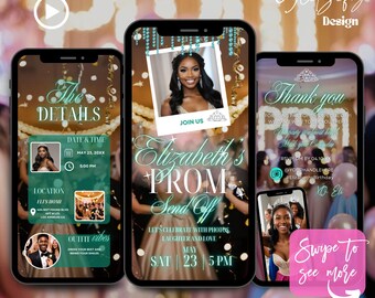 May include: A digital invitation for a prom send-off party. The invitation features a teal and white colour scheme with a photo of the graduate wearing a crown. The text reads "Elizabeth's Prom Send Off" and includes the date and time of the event. The invitation also includes a "swipe to see more" button.