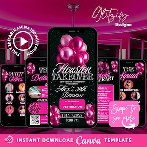 Glam Pink Destination Birthday Itinerary Girl Trip Itinerary,Vacation planner,Birthday Getaway Invite,Bachelorette Trip flyer itinerary diy