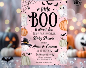 Cute Little Boo Baby Shower Invitation Pink Spooky Cute Ghost,Girl Baby Halloween Baby Shower Invite,Editable Spooky Baby Shower Pumpkin diy