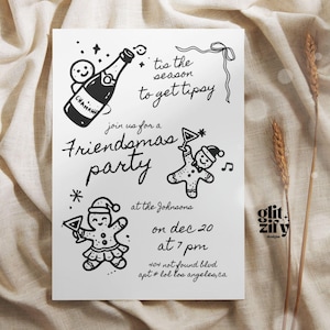 hand drawn friendsmas party invitation template,printable doodle friendsmas invitation,scribble xmas invite,doodle holiday letter,editable