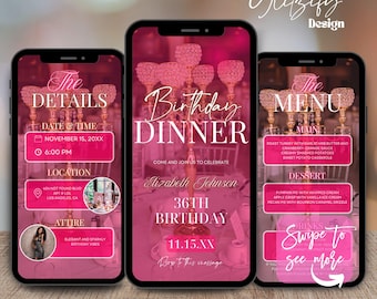 May include: A pink and white digital invitation for a 36th birthday dinner. The invitation features a photo of a table setting with a candelabra and a pink background. The text on the invitation reads "Birthday Dinner" and "Come and join us to celebrate Elizabeth Johnson 36th Birthday 11.15.XX".