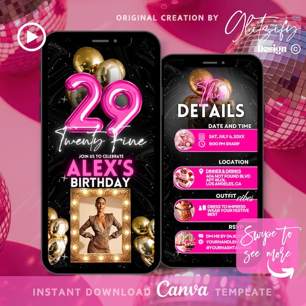 Glam 29th Birthday Invitation: Neon Pink & Gold (Digital Template)