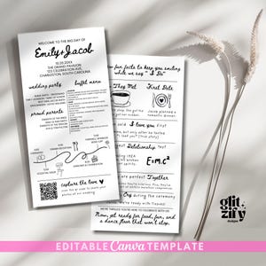 Infographie et programme de mariage faits amusants dessinés à la main, modèle modifiable fantaisiste recto-verso, note sur la serviette de menu, carte de mariage avec code QR, imprimable