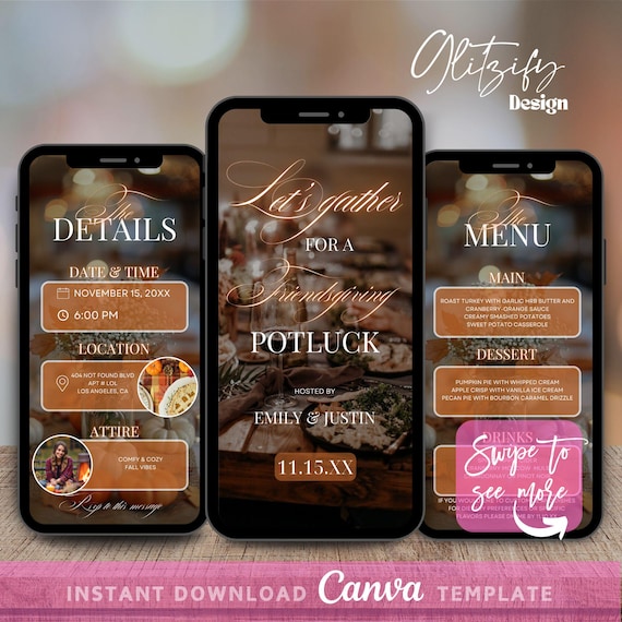 Animated Friendsgiving Potluck Invitation: Editable Canva Template (Digital Download)