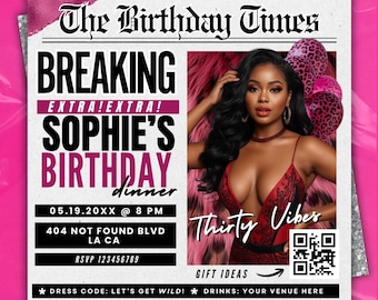 Maroon Leopard Newspaper Birthday Invitation,Digital Birthday Flyer,Glam Party Evite,Editable Social Media Flyer,Modern Party Invite