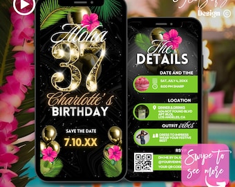 Aloha 37th Birthday Animated Invitation: Tiki Luau Pool Party (Digital Download)