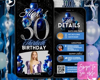 Blue Silver 30th Birthday Animated Invitation: Glam Party (Digital Download)