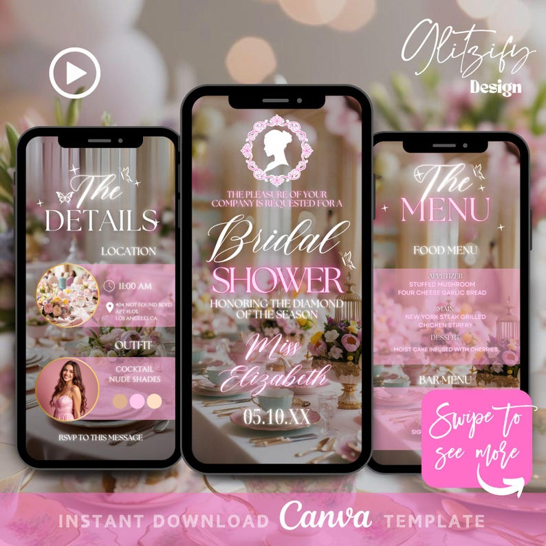 Puede incluir: Tres maquetas de pantalla de tel&eacute;fono rosa y blanco con texto que dice "The Details", "Bridal Shower" y "The Menu". Las maquetas est&aacute;n sobre un fondo rosa y blanco con el texto "Instant Download Canva Template".