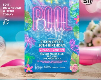 Pink Neon Pool Party Invitation: Hand-Drawn Retro Design (5x7, Digital Download, Editable in Canva)