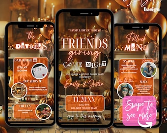 Puede incluir: Una invitación digital para una fiesta de juegos de Friendsgiving. La invitación presenta un tema otoñal festivo con calabazas, una chimenea y un tablero de juego. El texto de la invitación dice "Friendsgiving Game Night" e incluye la fecha, la hora y la ubicación del evento. La invitación también incluye un menú para la cena tipo potluck.