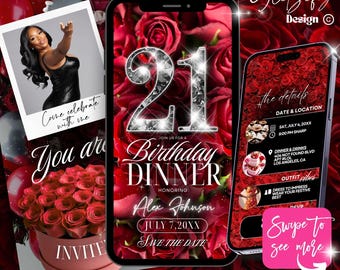 Invito digitale per il 21° compleanno in rosso, invito per il 21° compleanno con rose, invito per la festa di compleanno con rose rosse, volantino digitale per il compleanno, invito testuale