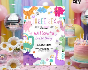 Invitación de cumpleaños con temática de dinosaurios Three Rex: Fiesta de dinosaurios dibujada a mano (plantilla editable de Canva)