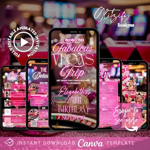 Itinerario de viaje de chicas a Las Vegas, invitación para una escapada de cumpleaños, invitación para una despedida de soltera en Las Vegas, invitación para un fin de semana de cumpleaños, invitación con texto de casino