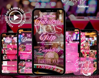Invitación para un viaje de chicas a Las Vegas: Escapada animada para despedida de soltera (Plantilla de Canva)