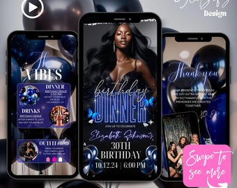 Blue Neon Butterfly Birthday Dinner Video Invitation (Editable Canva Template)